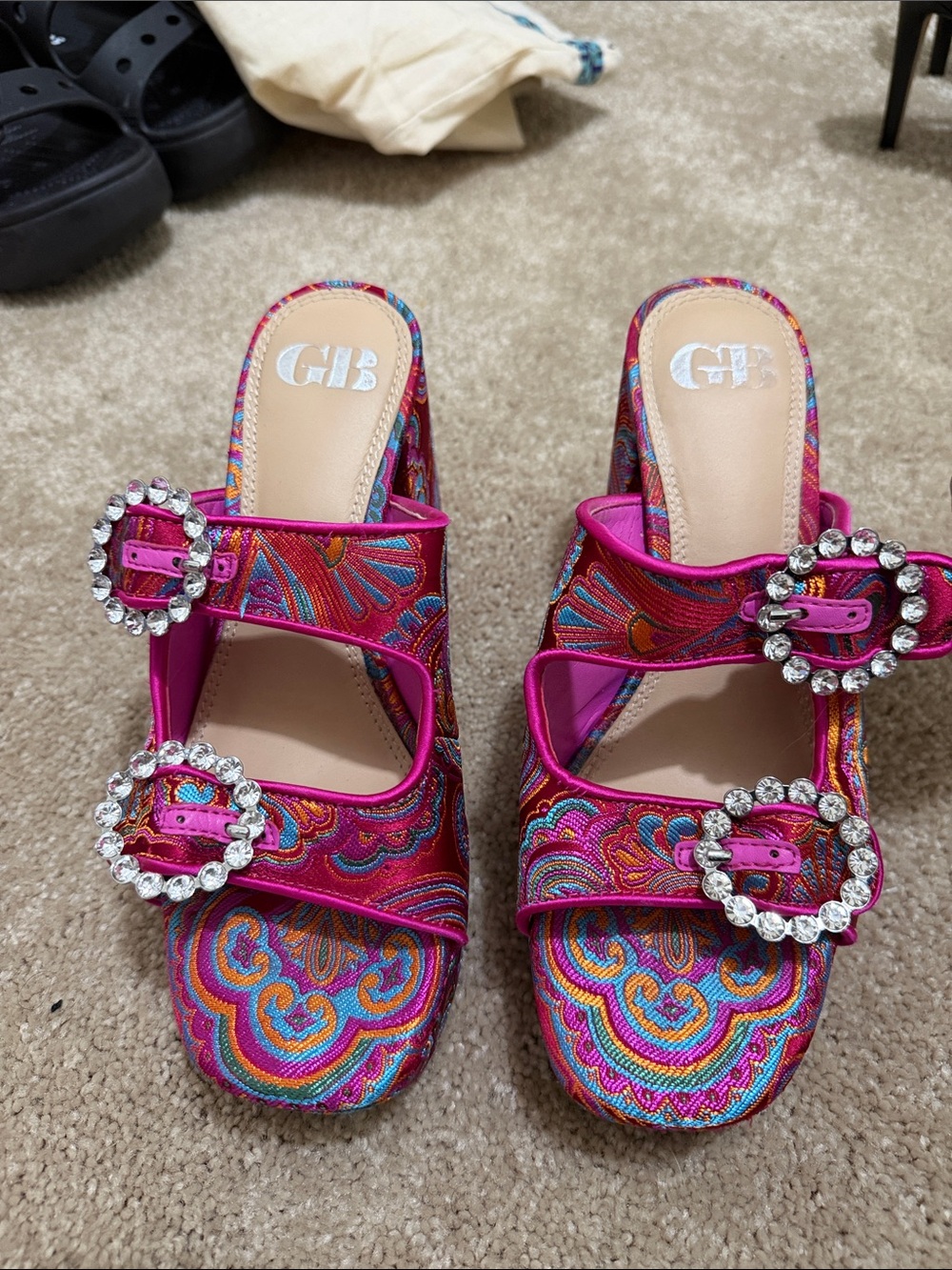 Gianni Bini Hot Pink Multicolor Embroidered Slide Heels with Crystal Buckles